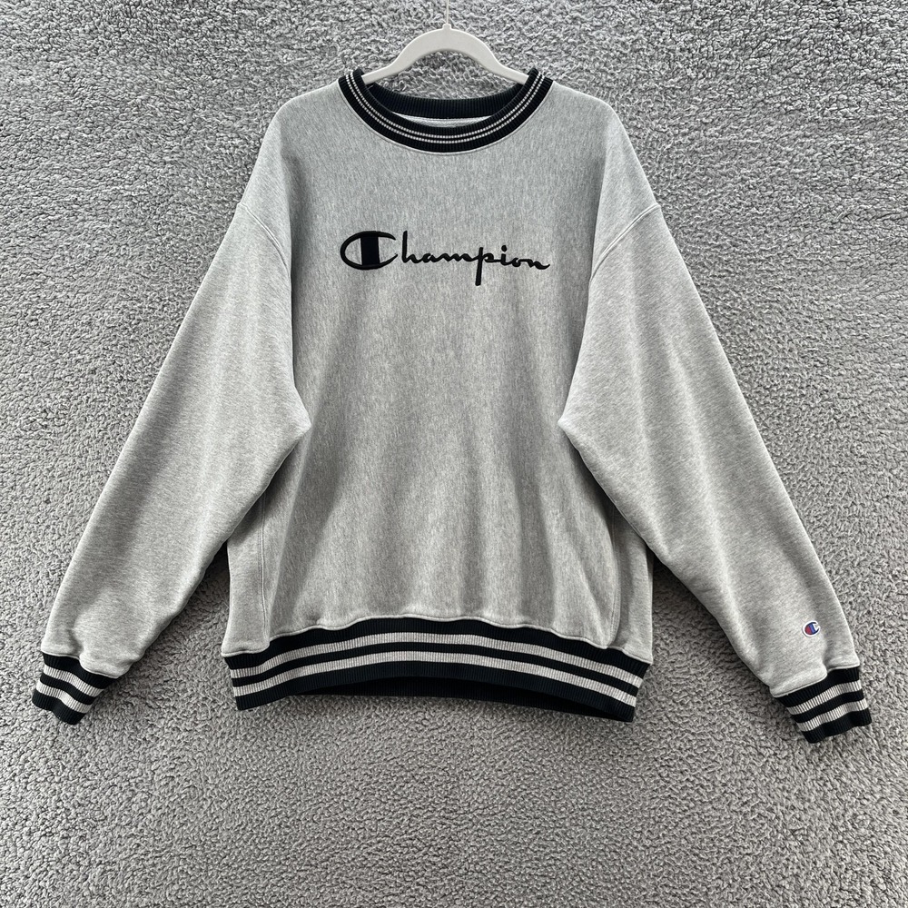 Champion Reverse Weave Sweatshirt Mens XL Gray Script Logo Varsity Pullover
